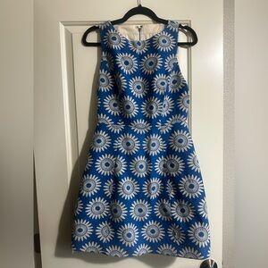 Blue and white floral retro mod dress. Tapestry/light carpet bag material.